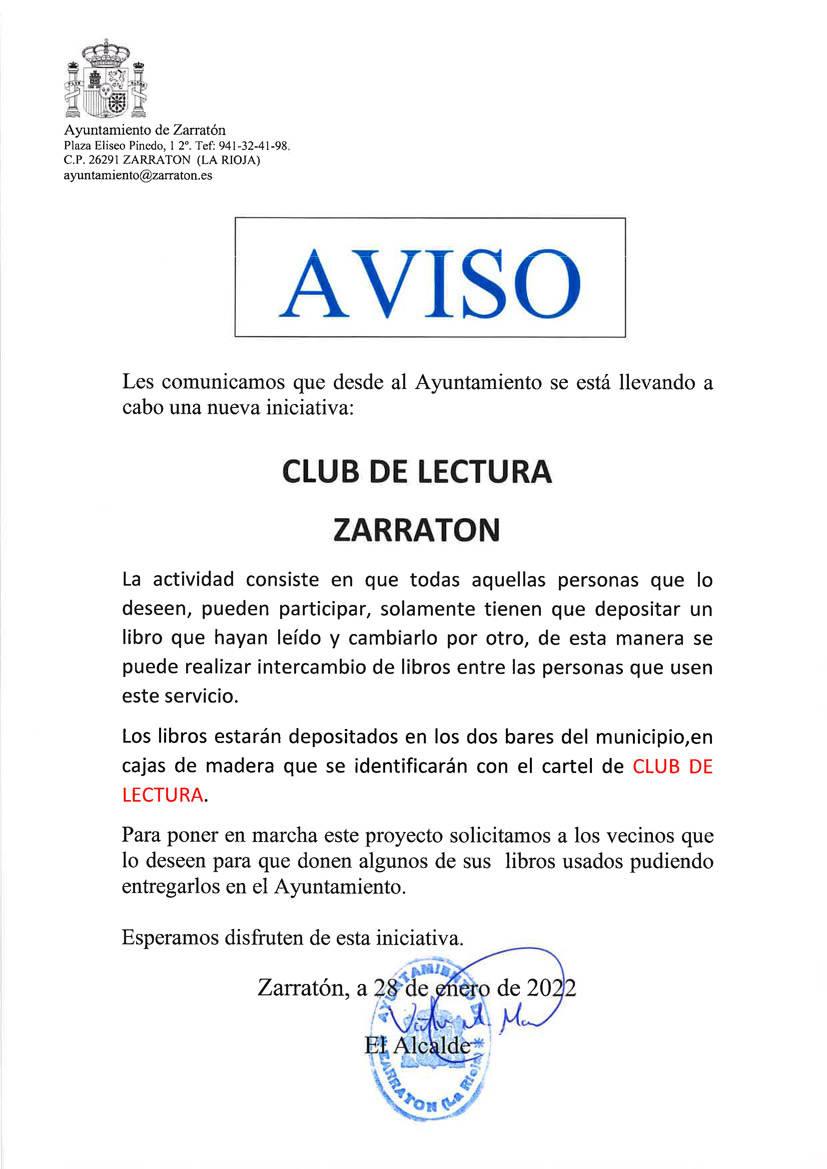 2022-01-28 Aviso: Club de lectura Zarratón